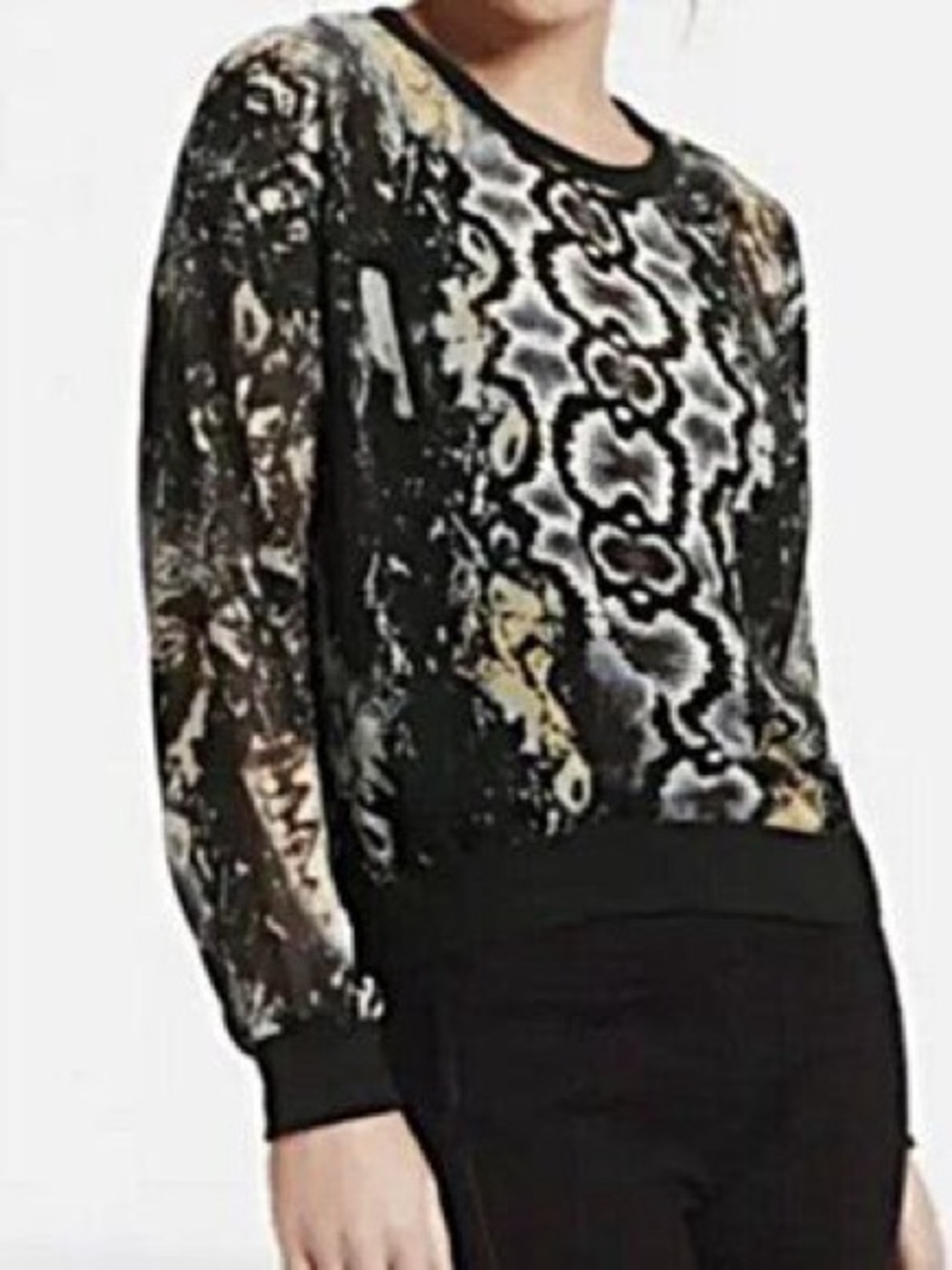 CAbi Black, Gray & Tan Snake-Print Crewneck